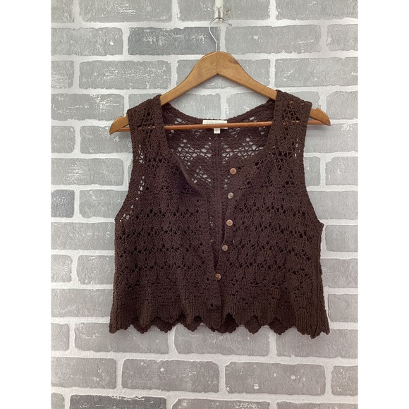 Rebellion Again Sweaters - Rebellion Again Brown Crochet Sweater Vest Cotton Button Front Scalloped Large